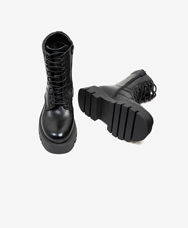 Kadın Siyah Hakiki Deri Memory Foam Taban Military Bot - 5