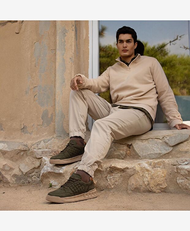 Erkek Haki Hakiki Deri Sneaker Ayakkabı - 2