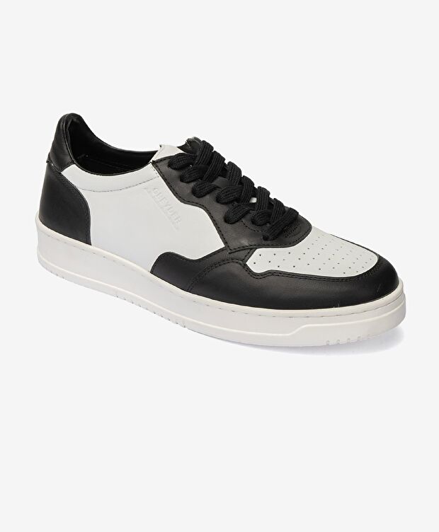 Erkek Siyah Beyaz Hakiki Deri Sneaker Ayakkabı - 1
