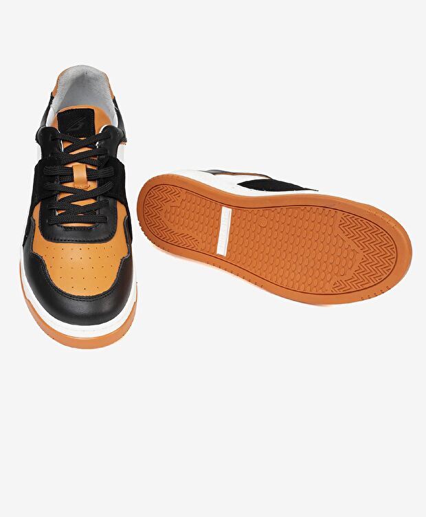 Erkek Siyah Turuncu Beyaz Hakiki Deri Sneaker Ayakkabı - 5