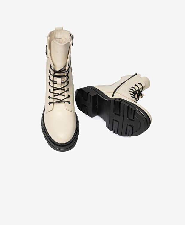 Kadın Ekru Hakiki Deri Military Bot - 5