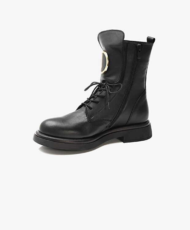 Kadın Siyah Hakiki Deri Military Bot - 2