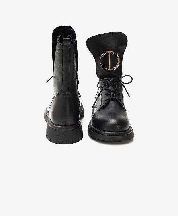 Kadın Siyah Hakiki Deri Military Bot - 6