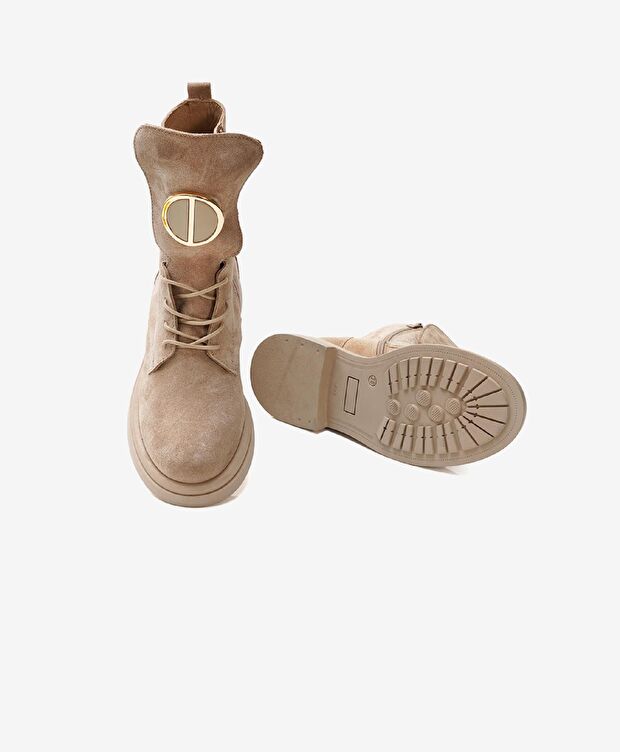 Kadın Bej Hakiki Deri Military Bot - 5