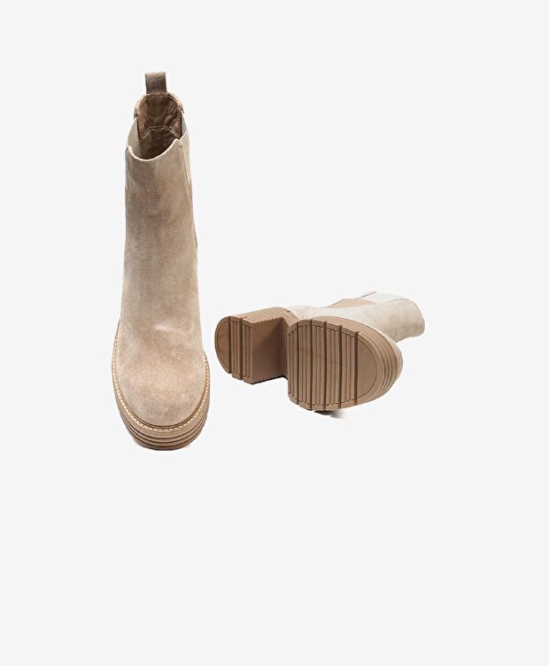 Kadın Bej Hakiki Deri Topuklu Bot - 5