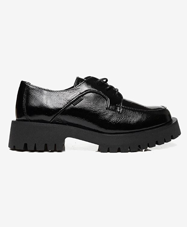 Kadın Siyah Kırışık Rugan Hakiki Deri Oxford Ayakkabı - 1