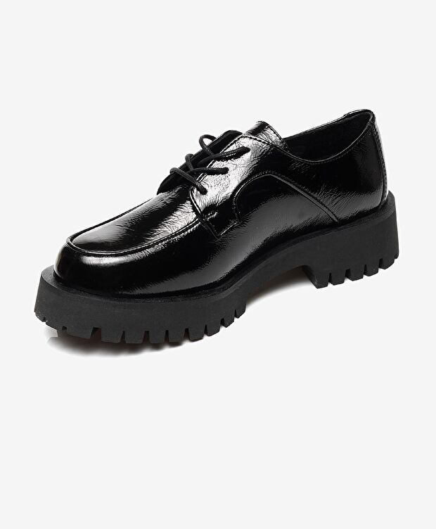 Kadın Siyah Kırışık Rugan Hakiki Deri Oxford Ayakkabı - 2