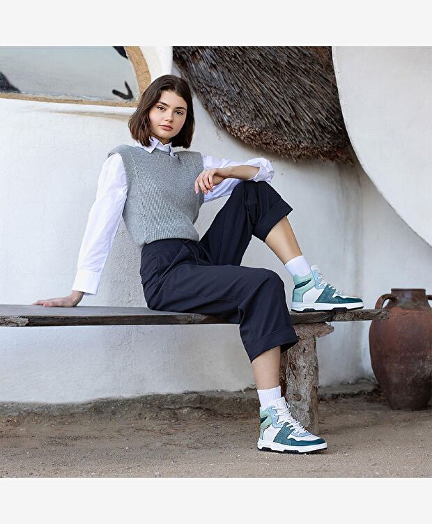 Kadın Beyaz Petrol Yeşili Hakiki Deri Sneaker Bot - 2