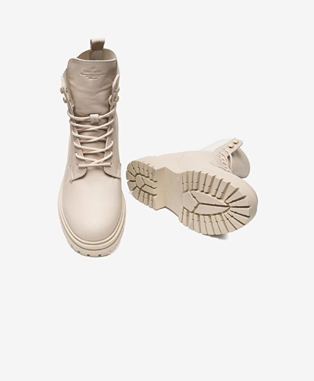 Kadın Ekru Hakiki Deri Military Bot - 5