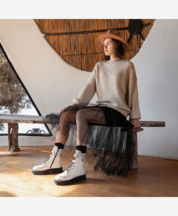 Kadın Ekru Hakiki Deri Military Bot - 7