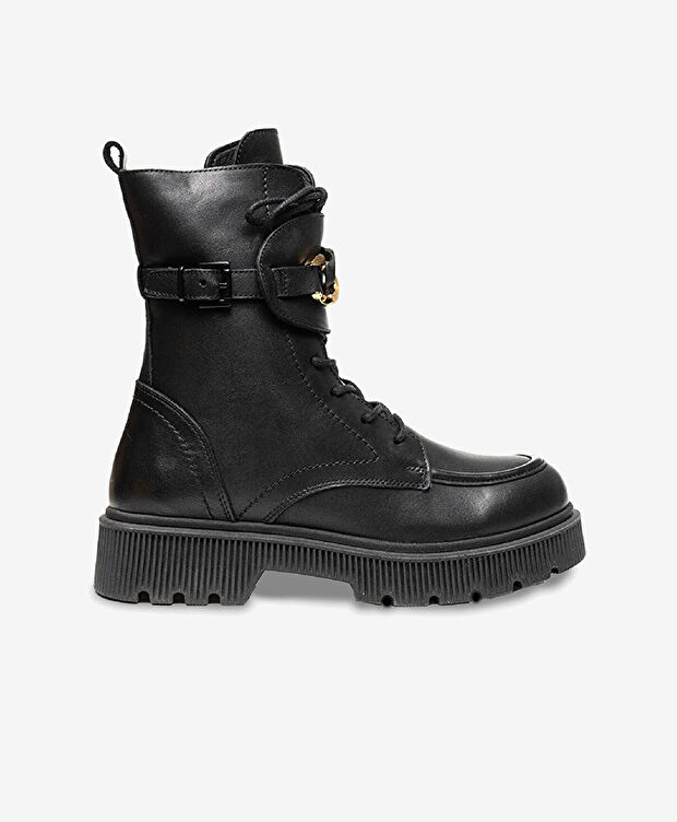 Kadın Siyah Hakiki Deri Memory Foam Taban Military Bot - 1