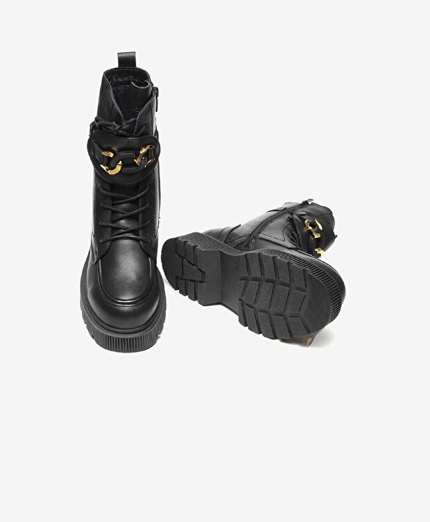 Kadın Siyah Hakiki Deri Memory Foam Taban Military Bot - 5