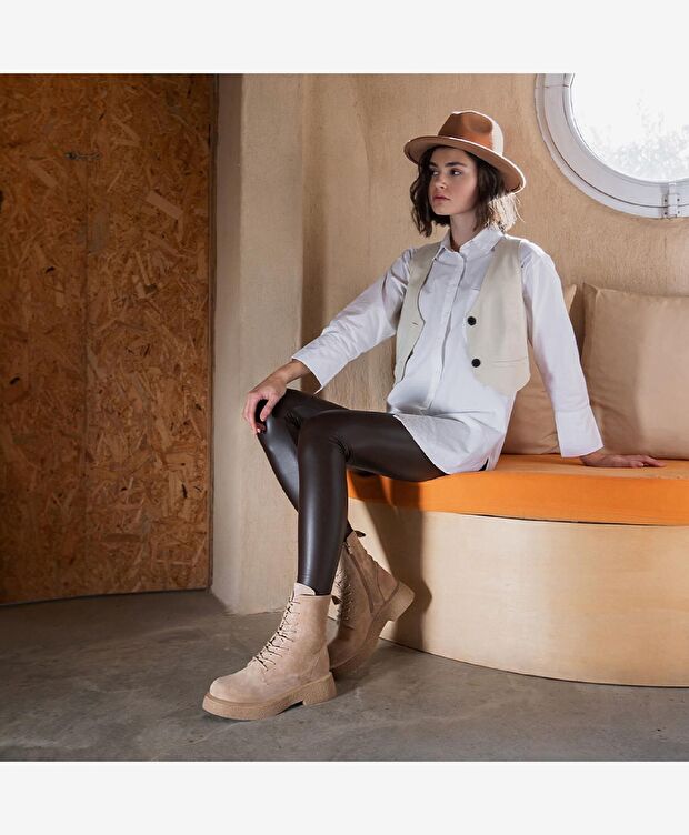 Kadın Koyu Bej Hakiki Deri Memory Foam Taban Military Bot - 7