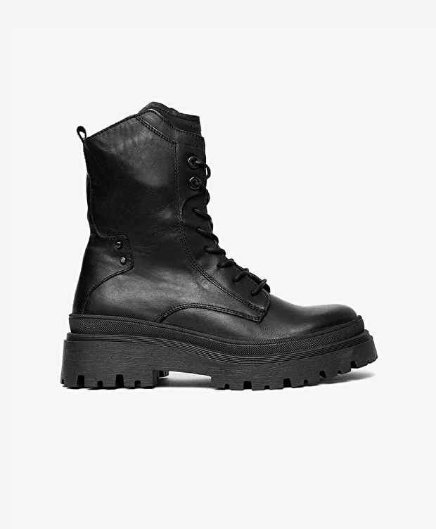 Kadın Siyah Hakiki Deri Military Bot - 1