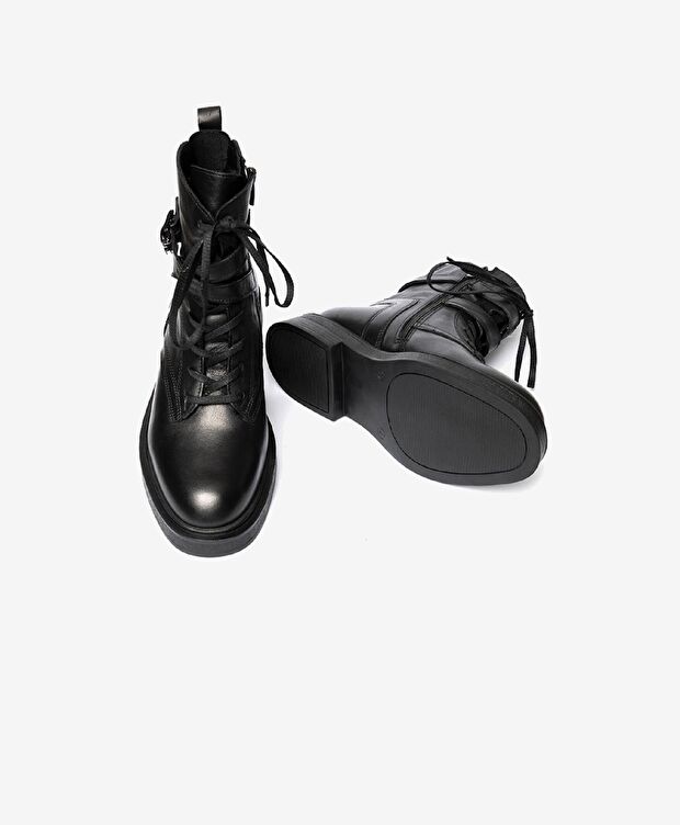 Kadın Siyah Hakiki Deri Military Bot - 5