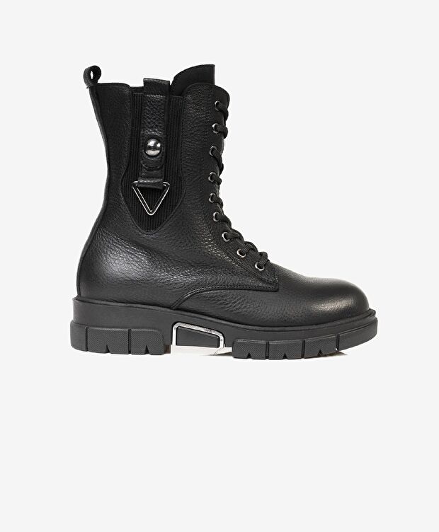 Kadın Siyah Hakiki Deri Military Bot - 1