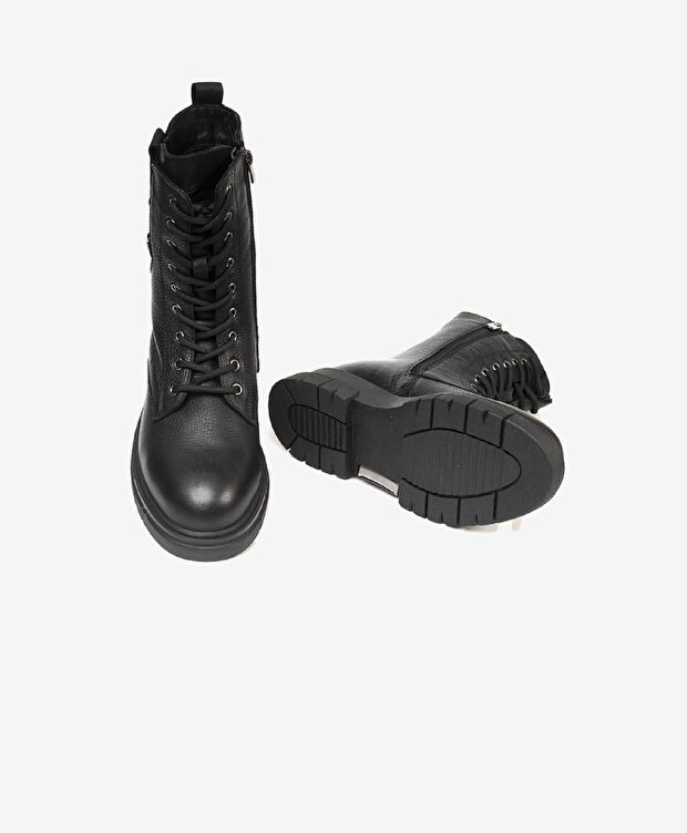 Kadın Siyah Hakiki Deri Military Bot - 5