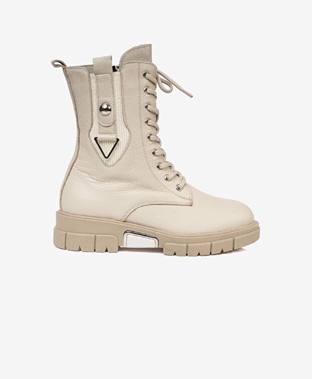 Kadın Bej Hakiki Deri Military Bot - 1