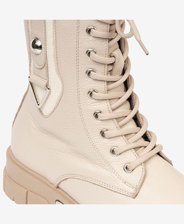 Kadın Bej Hakiki Deri Military Bot - 4