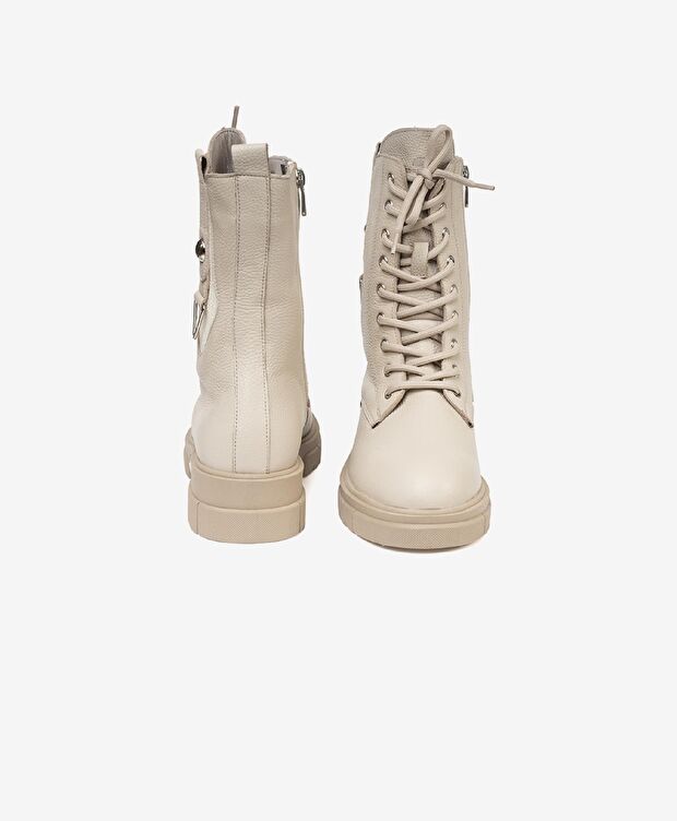 Kadın Bej Hakiki Deri Military Bot - 6