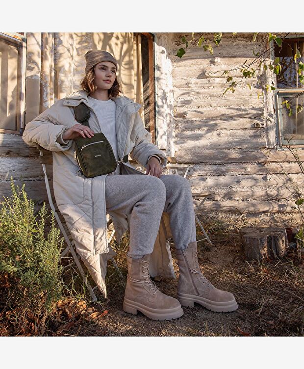 Kadın Koyu Bej Hakiki Deri Military Bot - 7