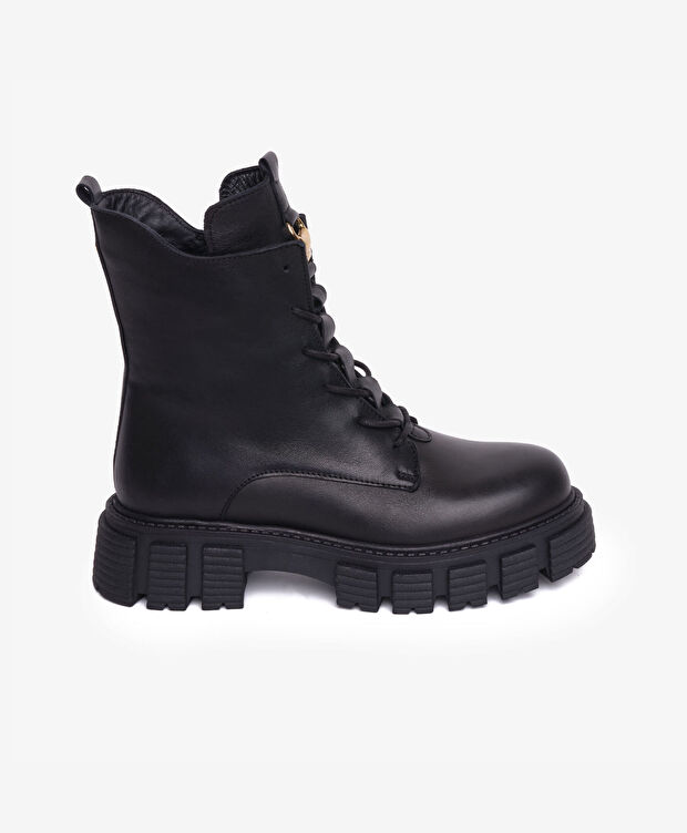 Kadın Siyah Hakiki Deri Termo Taban Military Bot - 1