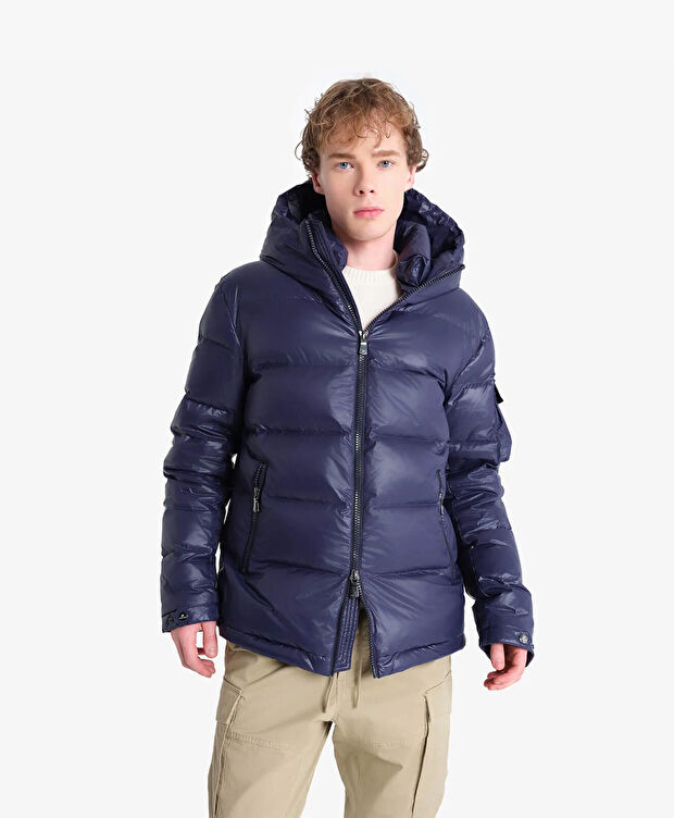 Erkek Parlak İndigo Suya Dayanıklı Kaz Tüyü Mont - 1