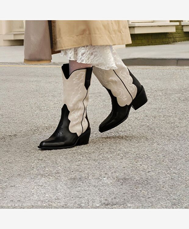 Kadın Siyah Bej Hakiki Deri Topuklu Çizme - 7