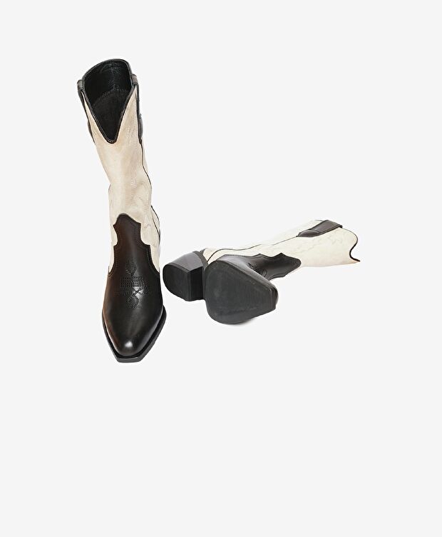 Kadın Siyah Bej Hakiki Deri Topuklu Çizme - 6