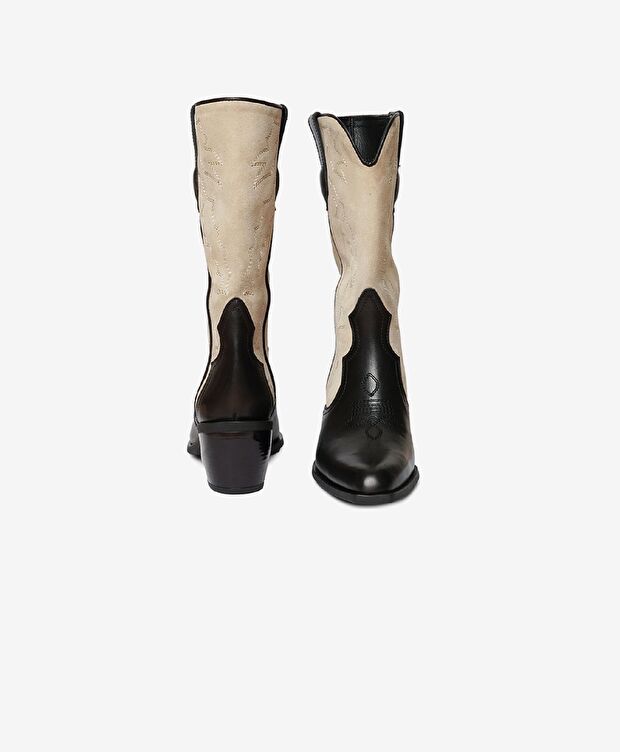 Kadın Siyah Bej Hakiki Deri Topuklu Çizme - 4