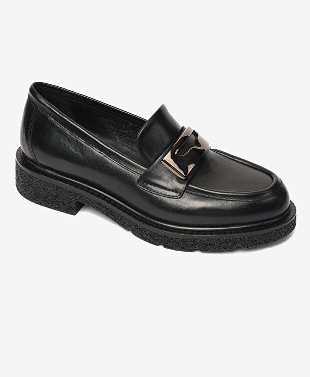 Kadın Parlak Siyah Hakiki Deri Memory Foam Taban Loafer Ayakkabı - 2
