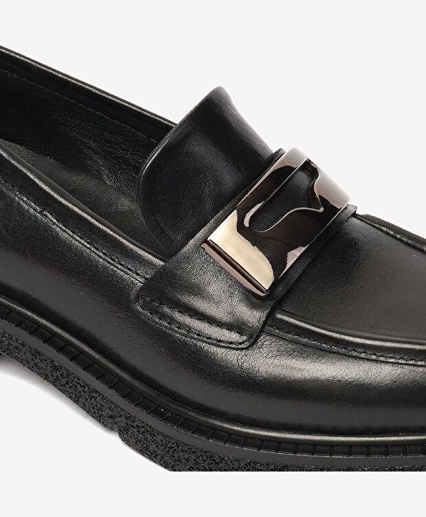 Kadın Parlak Siyah Hakiki Deri Memory Foam Taban Loafer Ayakkabı - 5