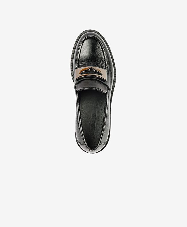 Kadın Parlak Siyah Hakiki Deri Memory Foam Taban Loafer Ayakkabı - 3