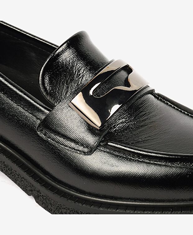Kadın Parlak Siyah Hakiki Deri Memory Foam Taban Loafer Ayakkabı - 4