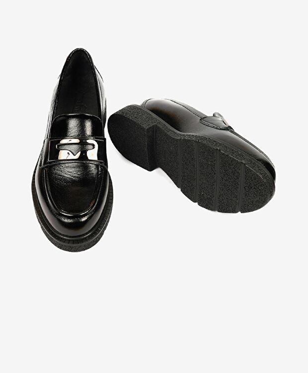 Kadın Parlak Siyah Hakiki Deri Memory Foam Taban Loafer Ayakkabı - 5