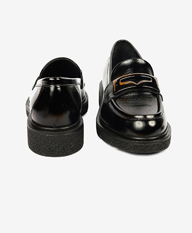 Kadın Parlak Siyah Hakiki Deri Memory Foam Taban Loafer Ayakkabı - 6