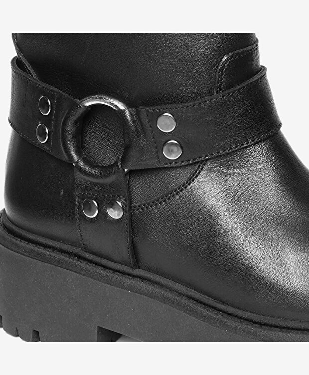 Kadın Siyah Hakiki Deri Military Bot - 5