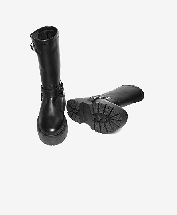 Kadın Siyah Hakiki Deri Military Bot - 6