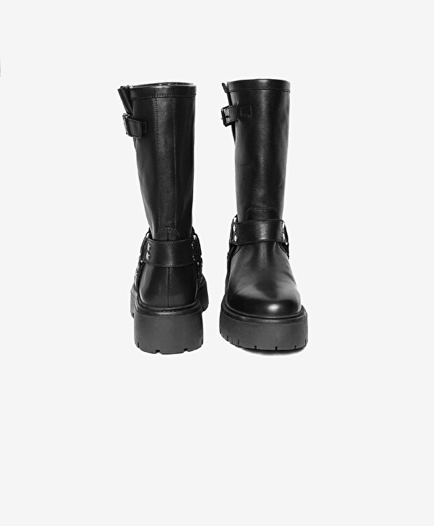 Kadın Siyah Hakiki Deri Military Bot - 7