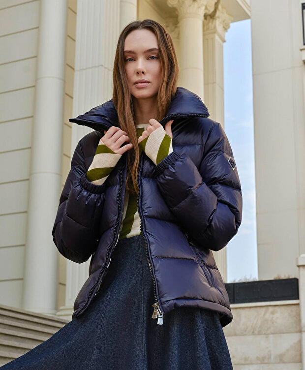 Kadın Parlak İndigo Suya Dayanıklı Kaz Tüyü Mont - 10