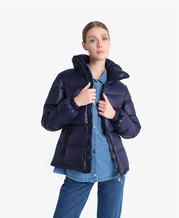 Kadın Parlak İndigo Suya Dayanıklı Kaz Tüyü Mont - 5