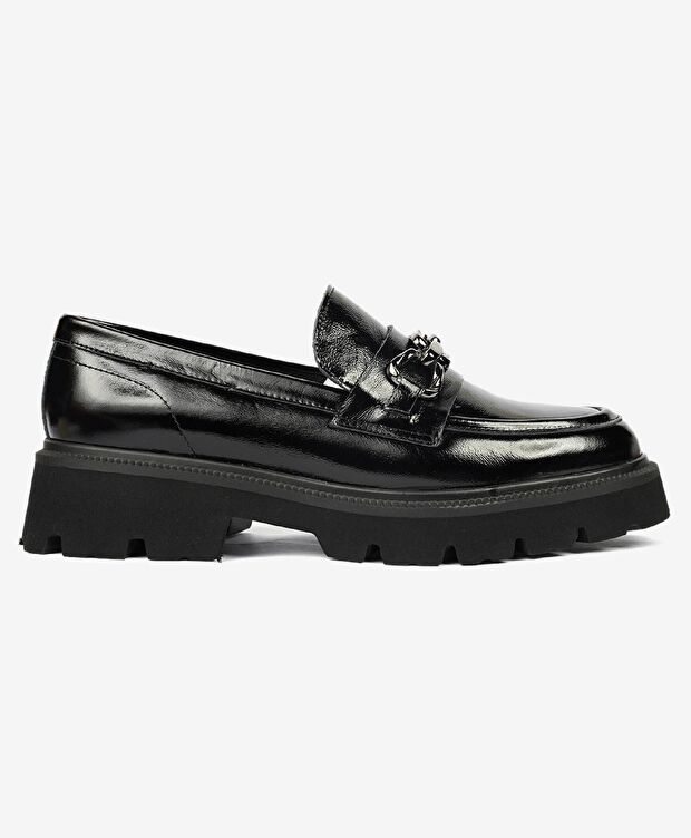 Kadın Siyah Kırışık Rugan Hakiki Deri Loafer Ayakkabı - 1