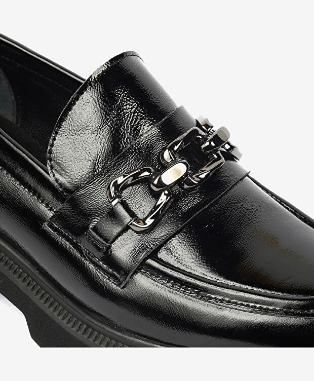 Kadın Siyah Kırışık Rugan Hakiki Deri Loafer Ayakkabı - 5