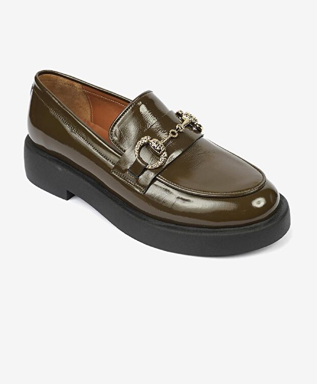 Kadın Haki Kırışık Rugan Hakiki Deri Loafer Ayakkabı - 2