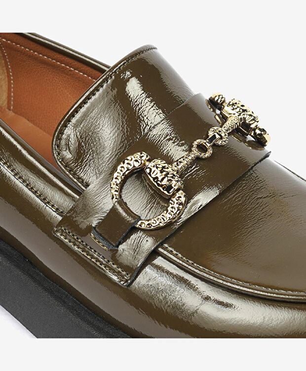 Kadın Haki Kırışık Rugan Hakiki Deri Loafer Ayakkabı - 5