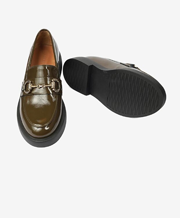 Kadın Haki Kırışık Rugan Hakiki Deri Loafer Ayakkabı - 6