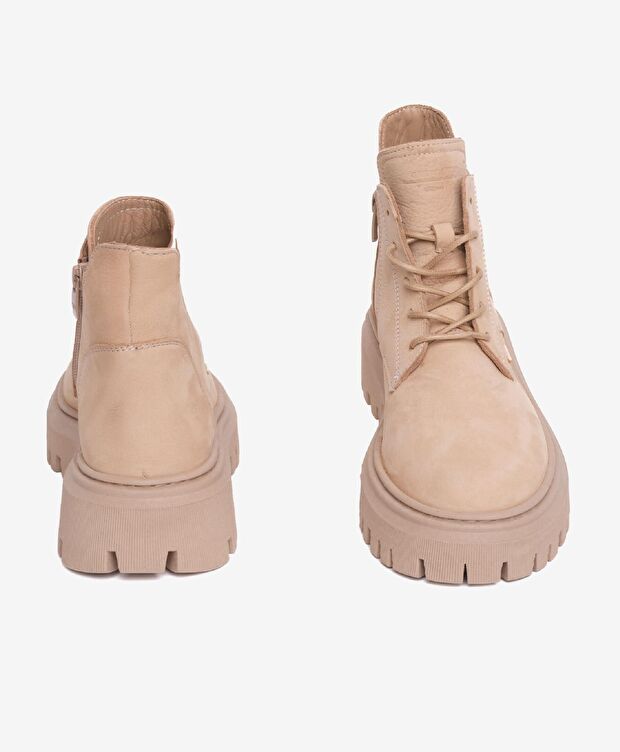 Kadın Koyu Bej Hakiki Deri Military Bot - 6