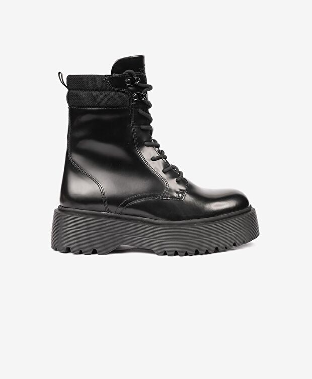 Kadın Parlak Siyah Hakiki Deri Memory Foam Taban Military Bot - 1