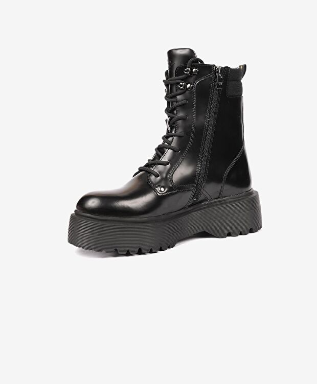 Kadın Parlak Siyah Hakiki Deri Memory Foam Taban Military Bot - 3