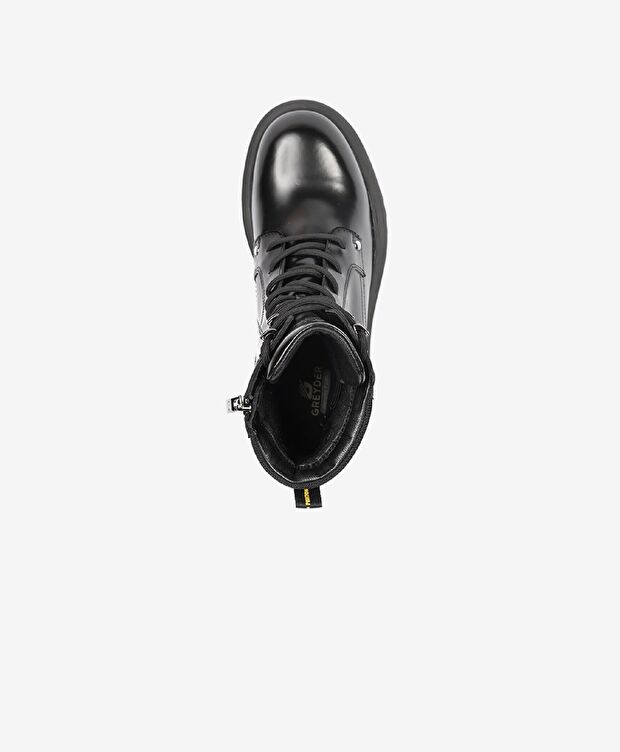 Kadın Parlak Siyah Hakiki Deri Memory Foam Taban Military Bot - 4